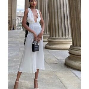 Silk Maison Washable Silk Plunging V-Neck High Slit Maxi MIDI Dress Cream XS New